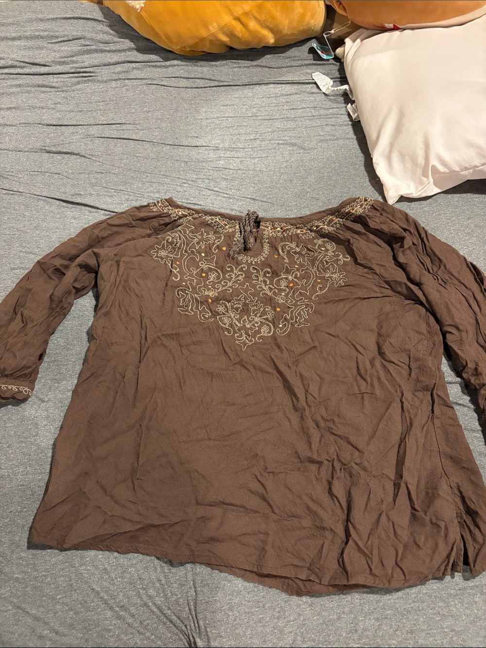 Embroidered Brown Peasant Blouse - Women's Top